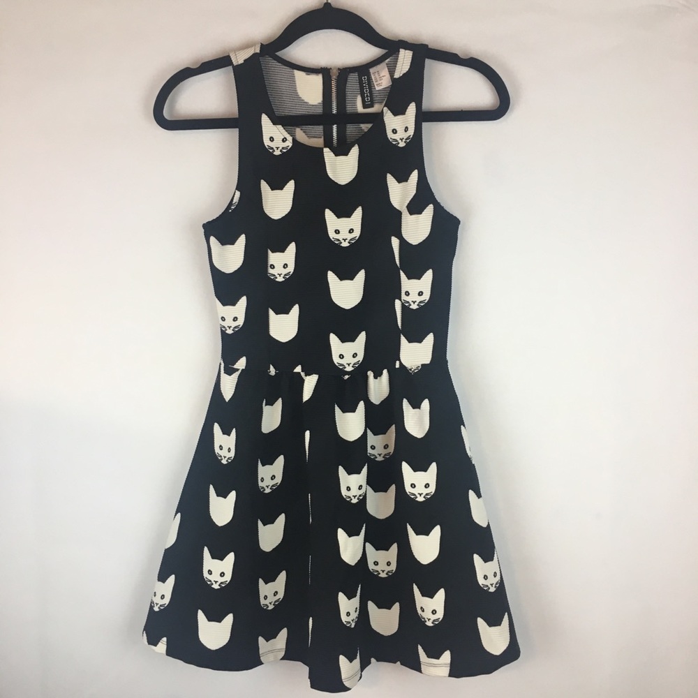 Cat Dress Black Mini Skater Creamy White Print